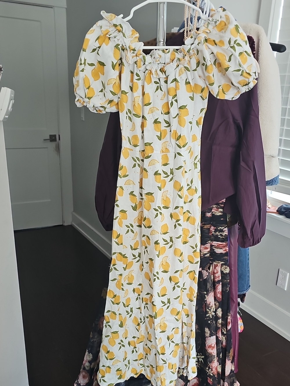 Reformation White Lemon-Print Puff-Sleeve Maxi Dress